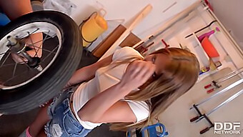 A Young Woman Wearing Knee-High Socks Performs Oral Sex And Rides A Penis In A Repair Shop.